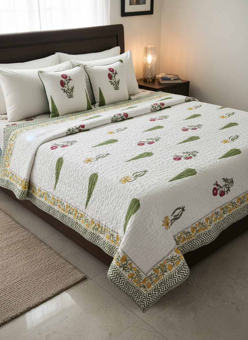Handblock Comforter (Green Motifs)