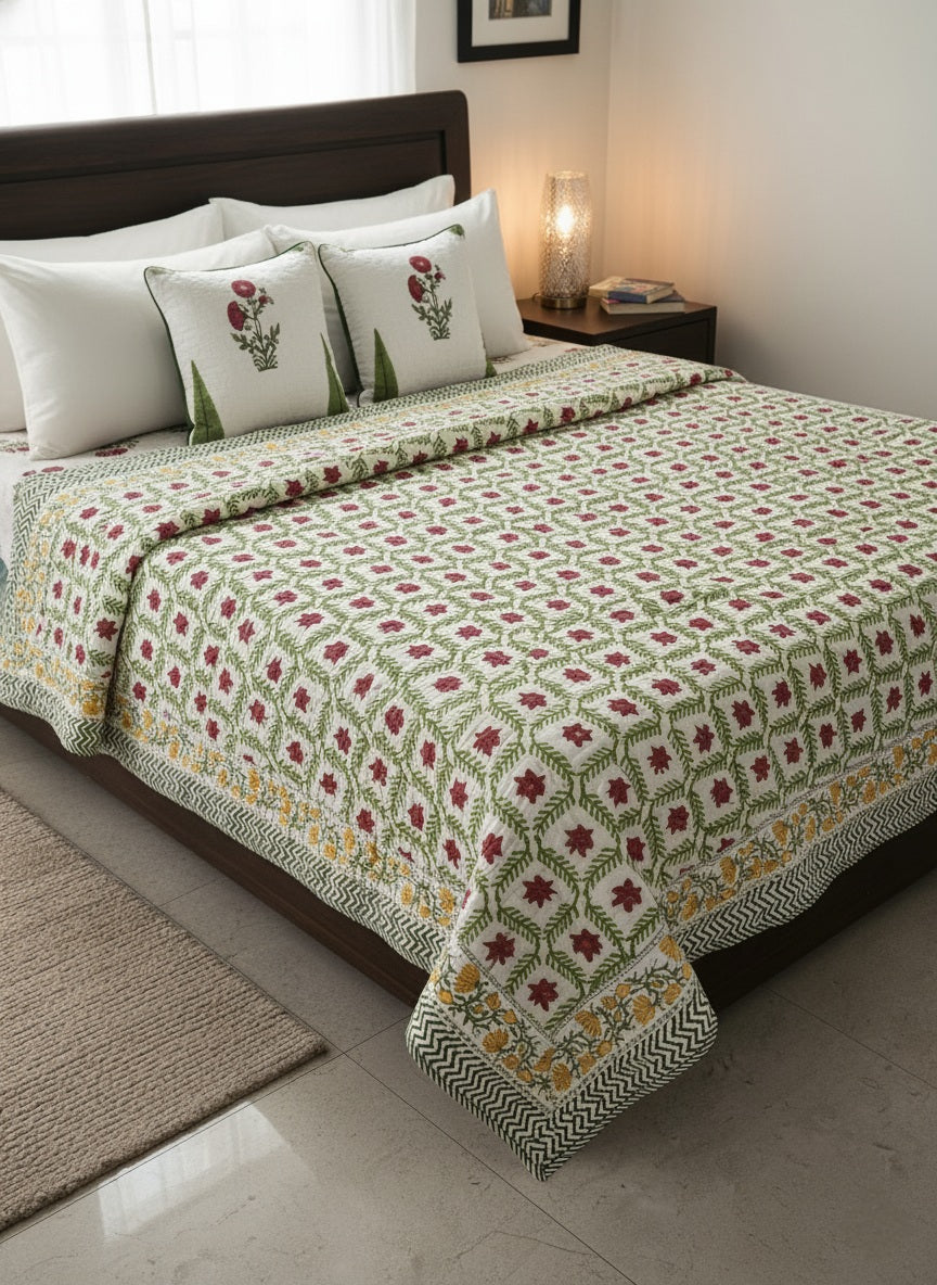 Handblock Comforter (Green Motifs)