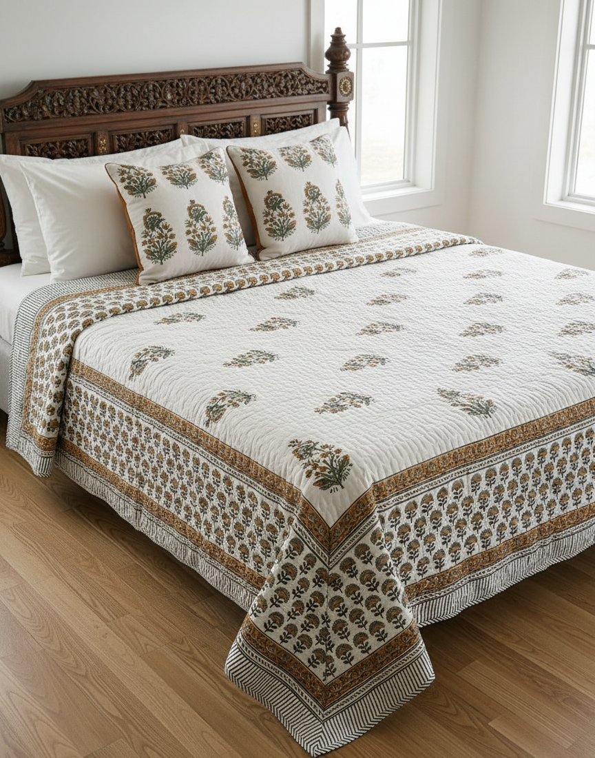 Handblock Comforter (White-Brown)