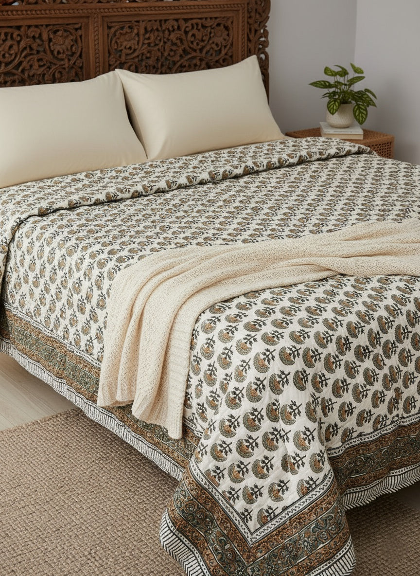 Handblock Comforter (White-Brown)