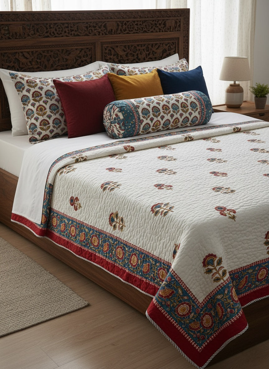 Handblock Comforter (White-Red)