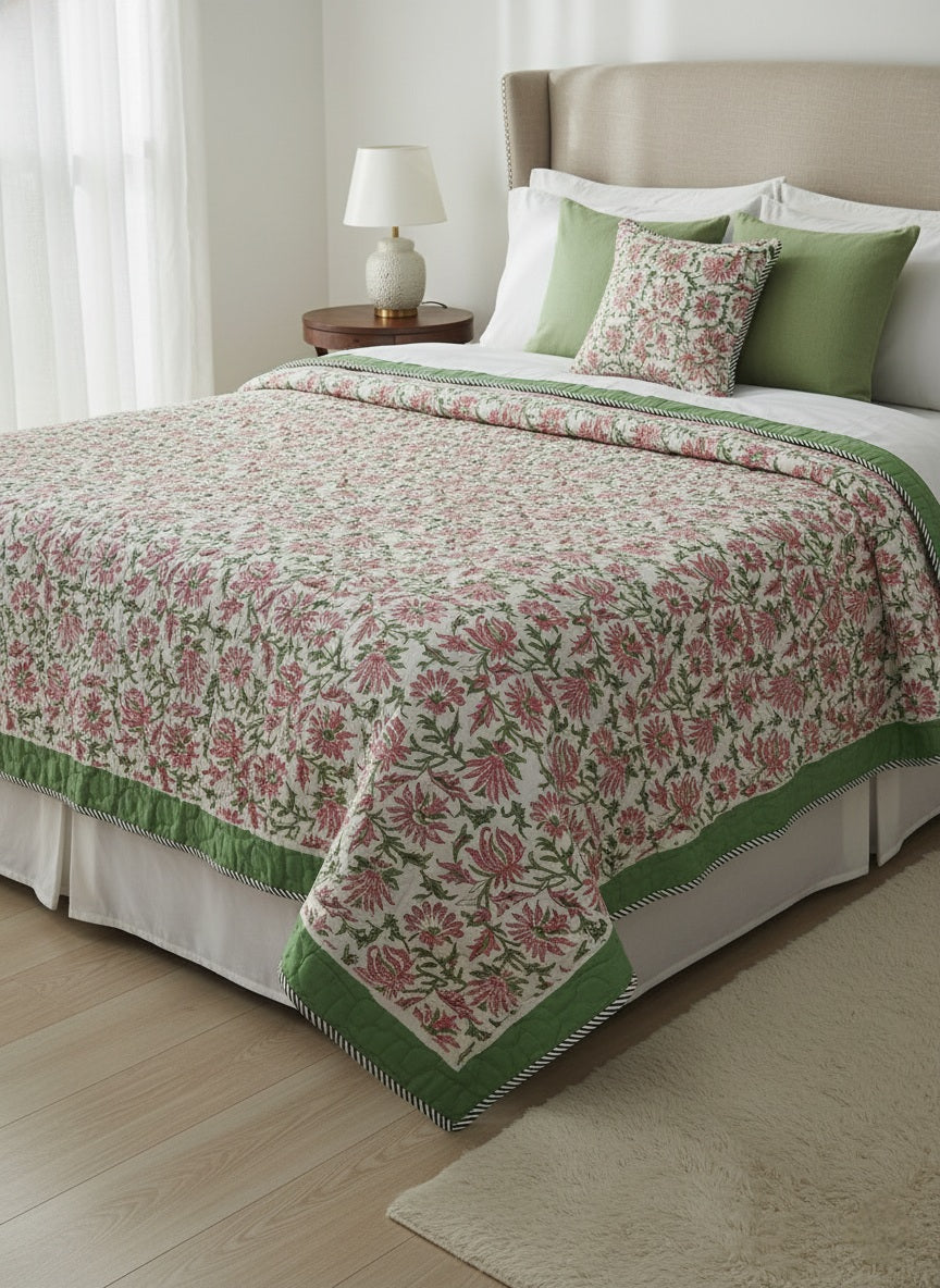 Handblock Comforter (Green Jaal)