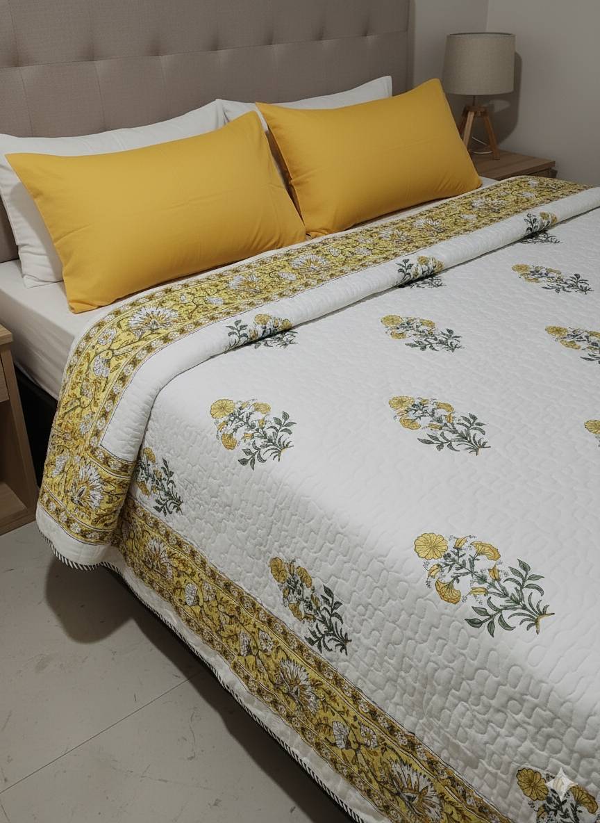 Handblock Comforter (Yellow Floral)