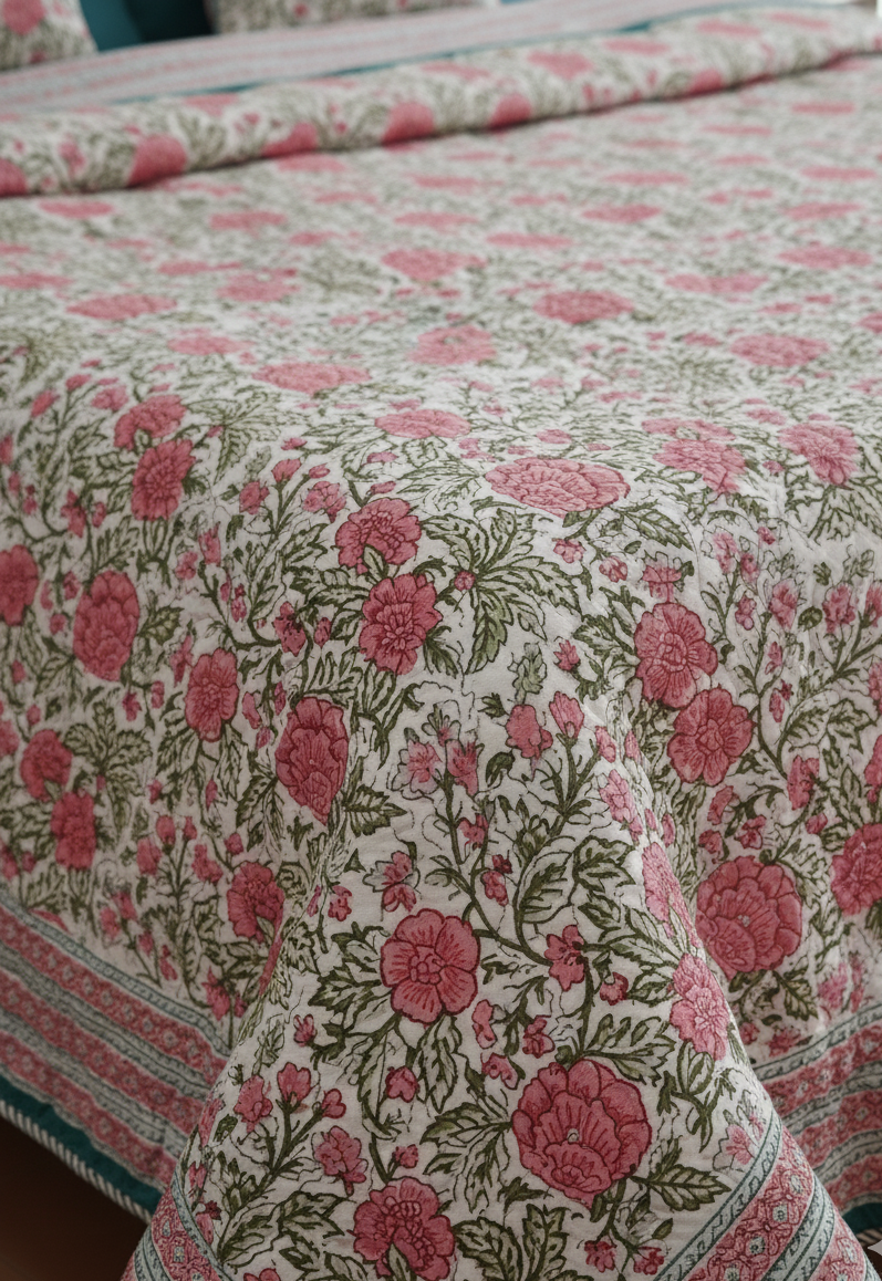 Handblock Comforter (Pink- Green Floral)