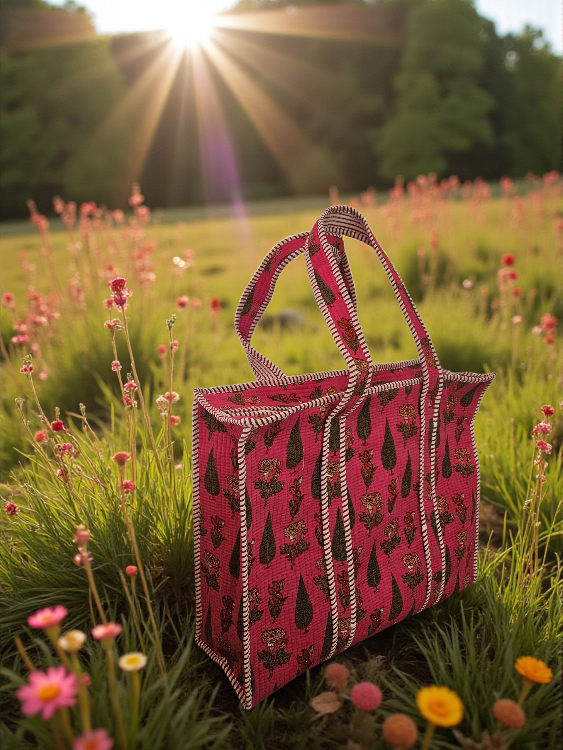 Handblock Tote Bag- Motif (Pink)