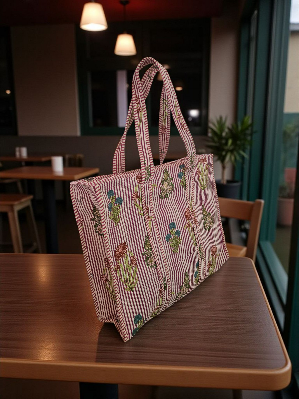 Handblock Tote Bag- Red Stripped