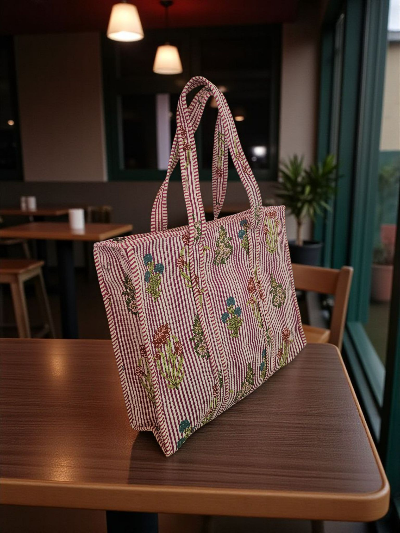 Handblock Tote Bag- Red Stripped