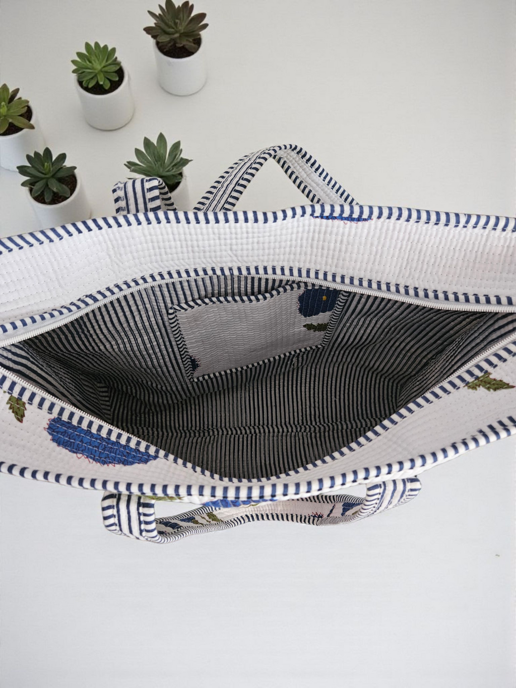 Handblock Tote Bag- Blue Flora