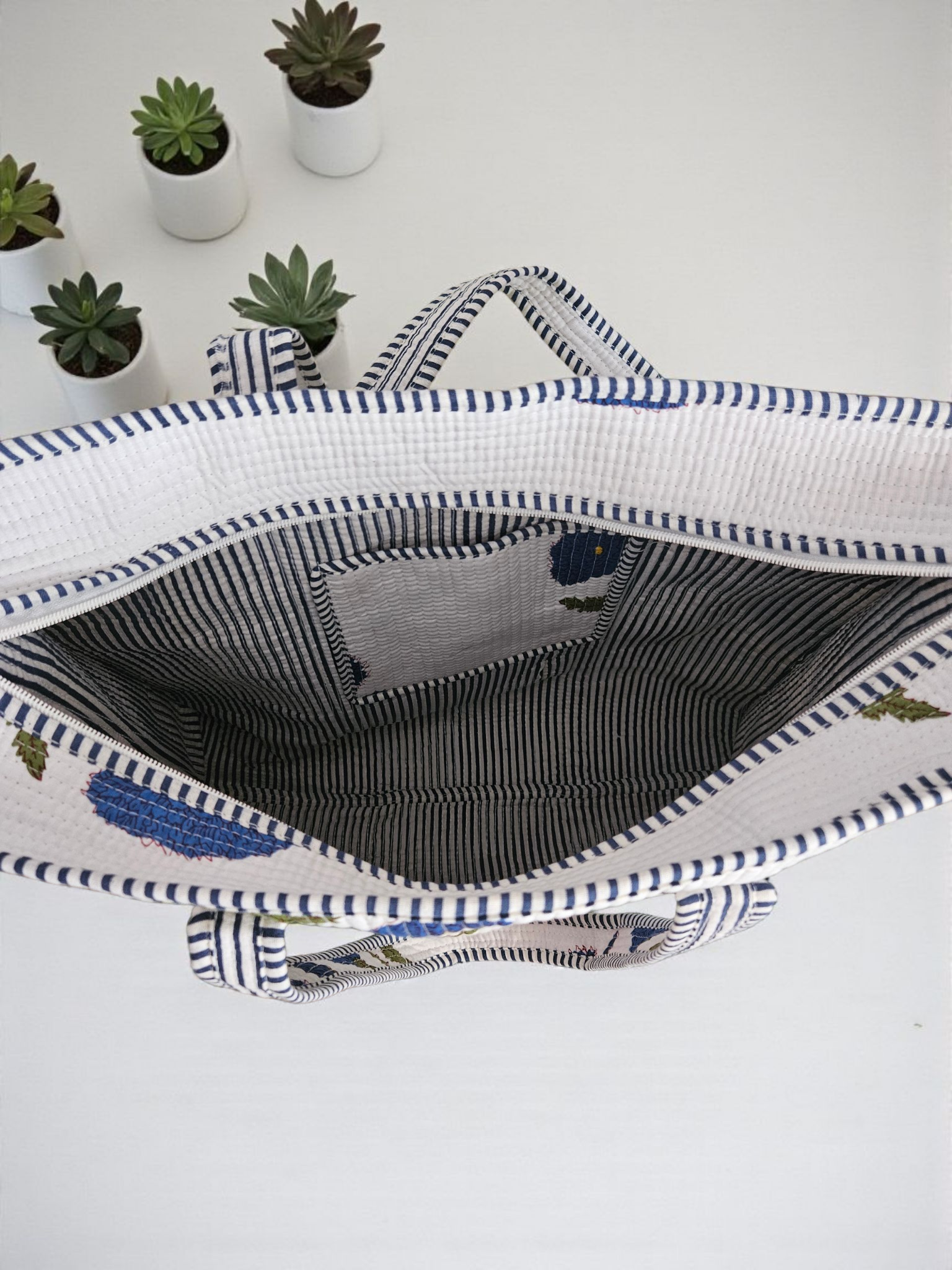 Handblock Tote Bag- Blue Flora