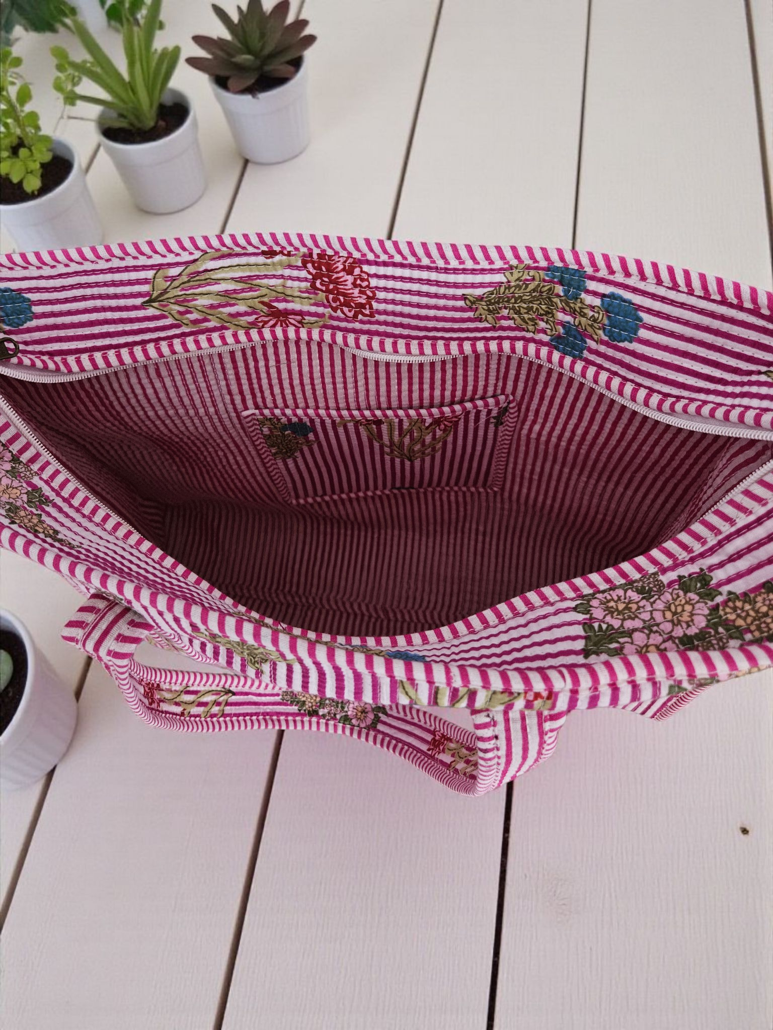 Handblock Tote Bag- Red Stripped