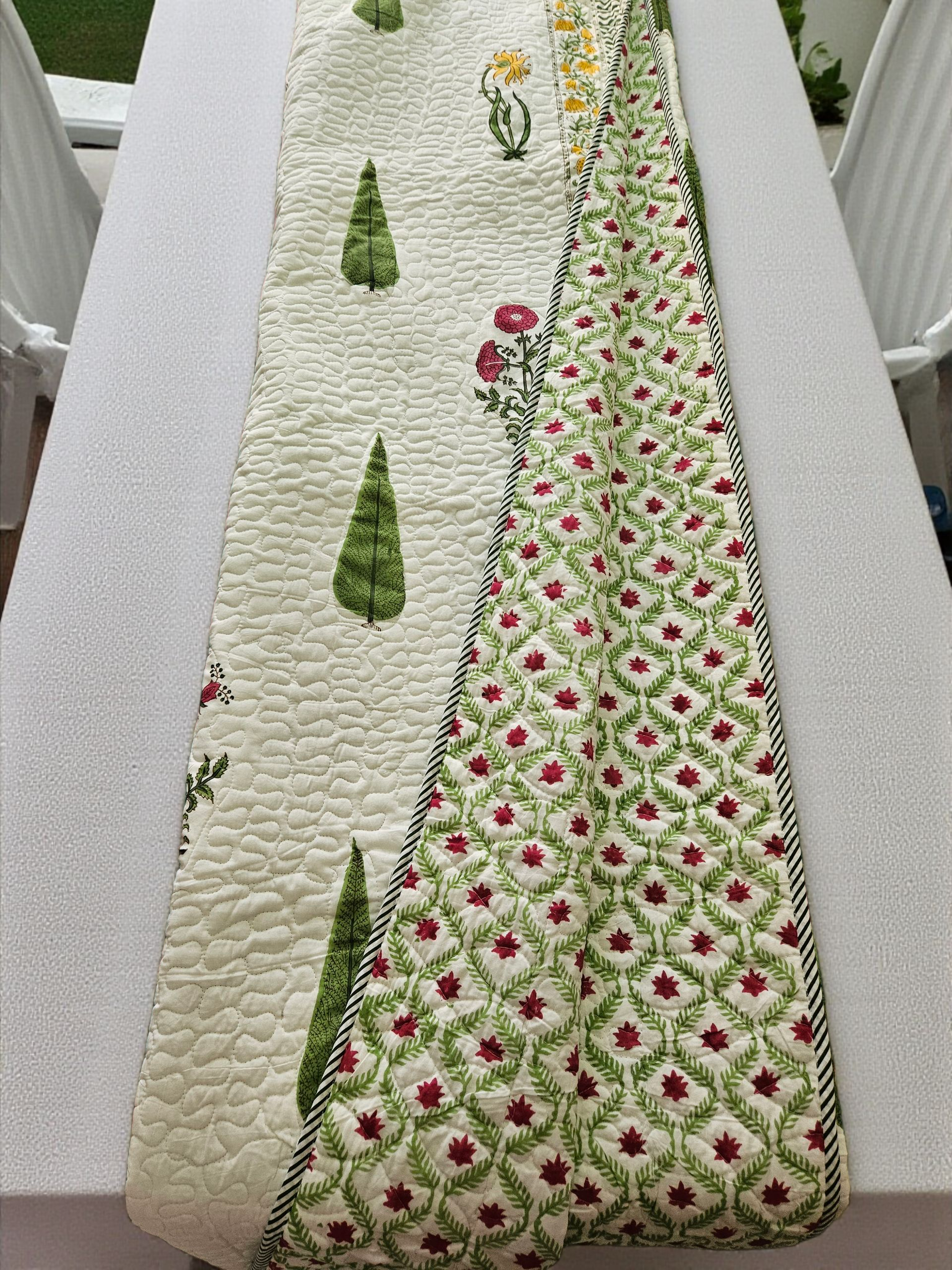 Handblock Comforter (Green Motifs)