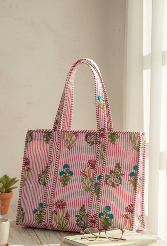 Handblock Tote Bag- Red Stripped