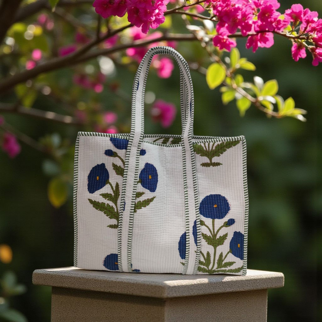 Handblock Tote Bag- Blue Flora