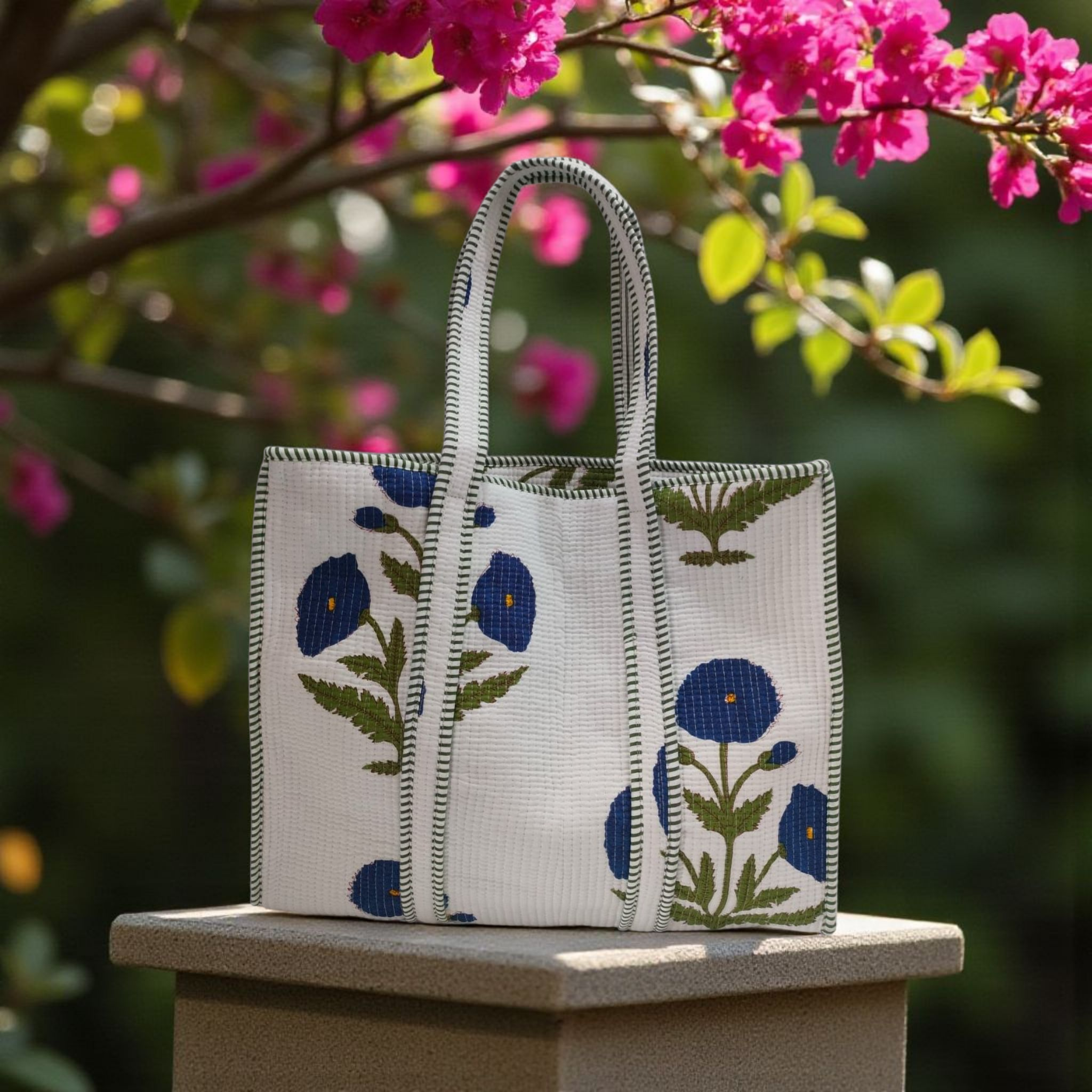 Handblock Tote Bag- Blue Flora
