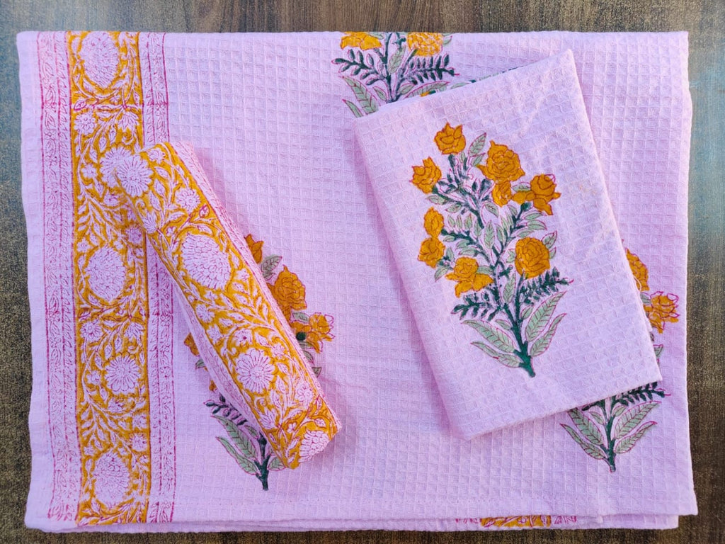 Cotton Handblock Towel - Waffle Weave