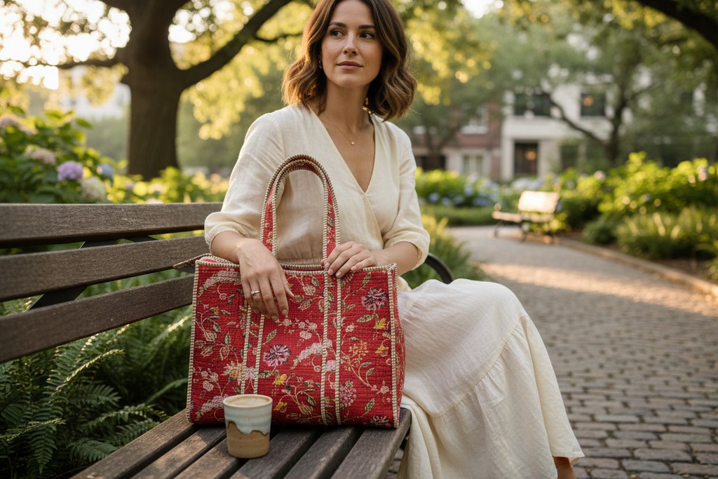 Handblock Tote Bags- Red Floral