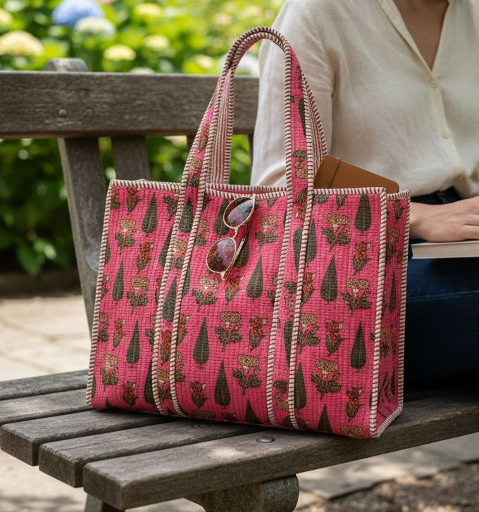Handblock Tote Bag- Motif (Pink)