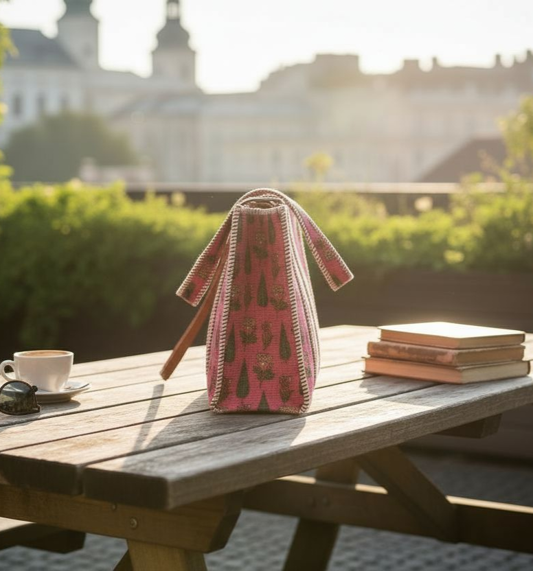 Handblock Tote Bag- Motif (Pink)