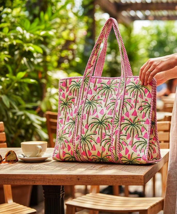 Handblock Tote Bag- Coconut Tree