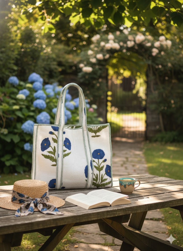 Handblock Tote Bag- Blue Flora