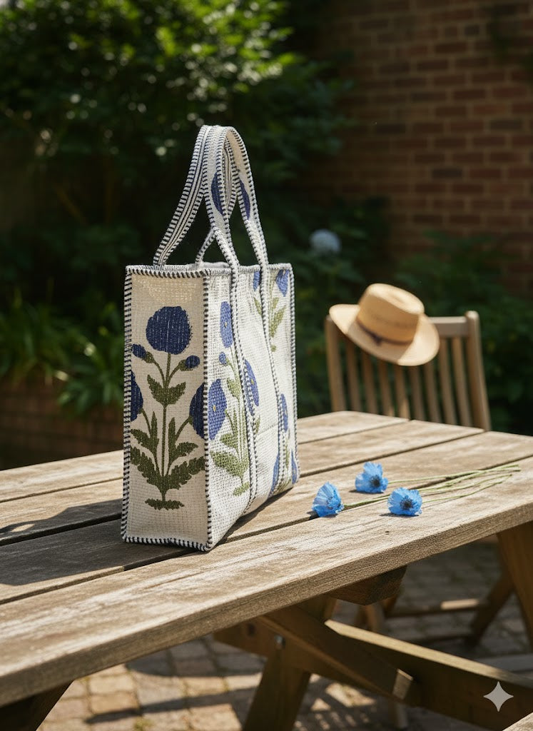 Handblock Tote Bag- Blue Flora