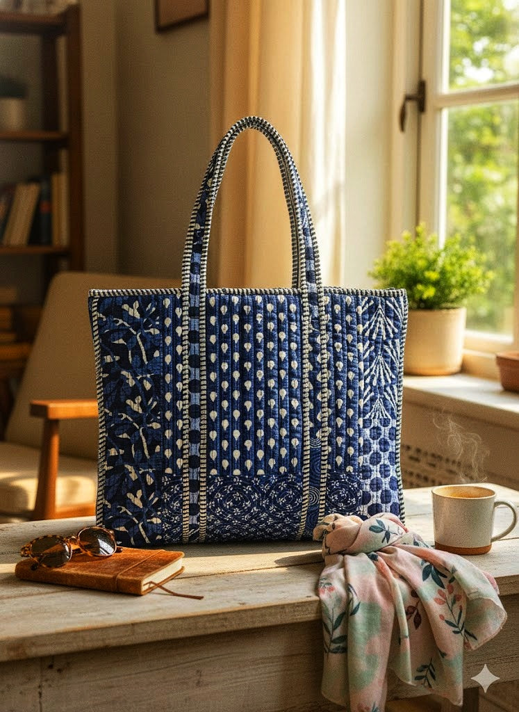 Handblock Tote Bag- Blue Patch Print