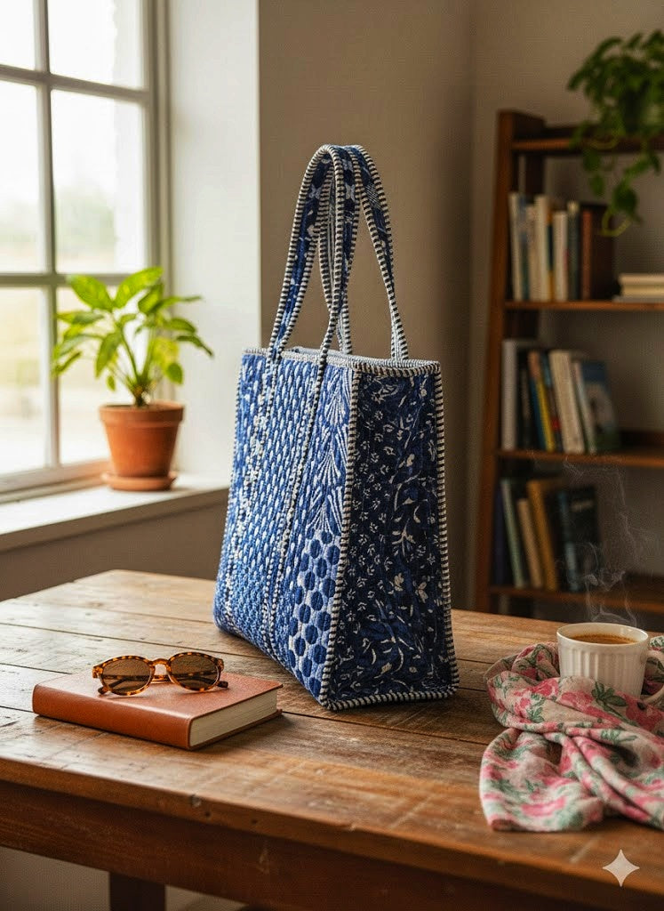 Handblock Tote Bag- Blue Patch Print